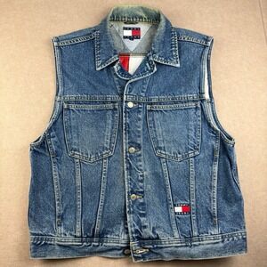 Vintage Tommy Jeans Denim‎ Vest Men L Blue Flag Logo 90s Button Up Trucker Macau